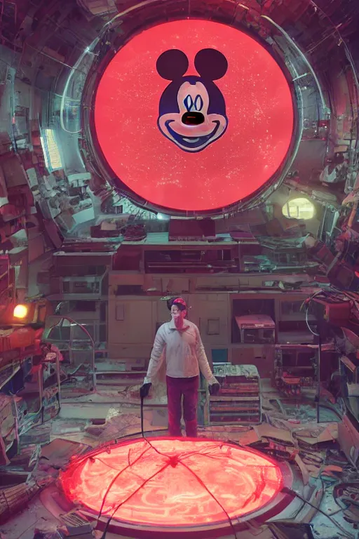 Prompt: workers repairing big mickey mouse head in abandoned computer facility, in background red glowing netflix logo. made by beeple, cgsociety, unreal engine, octane render, greg rutkowski, alphonse mucha, cinematic lighting, dark room, low light, sharp focus, 4 k highly detailed art