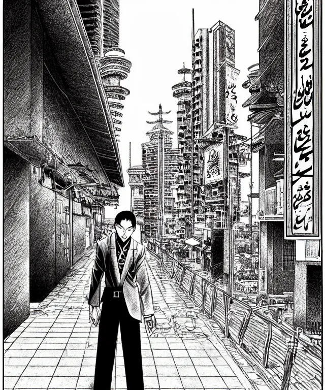 Image similar to A manga cover about a shaved-headed scarred solo yakuza standing on the sidewalk in riyadh city saudi arabia. Sharp high quality manga cover, fine details, straight lines, architecture in the background, masterpiece, art, highly detailed drawing by Hirohiko Araki, Akatsuki Akira, Kentaro Miura