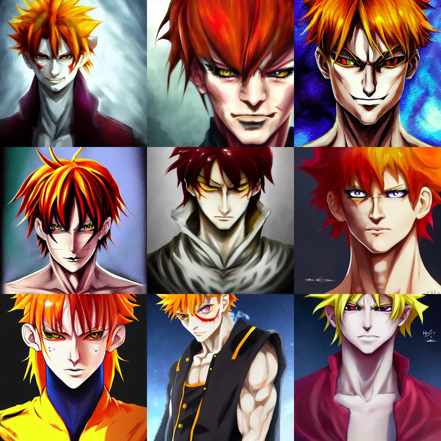 Prompt: portrait of hisoka hunter hunter crunchyroll devious male smirk upper body extreme sharp features yellow eyes narrow eyes crimson hair, tousled medium length hair, anime, highly detailed, digital painting, artstation, key art anime sharp focus hunterpedia