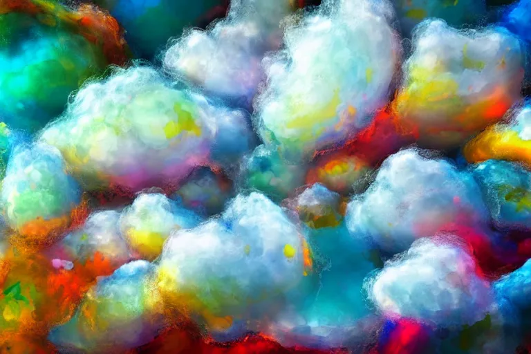 Prompt: a flock of many puffy white transparent clouds tangled into large twisting blobs of colored glass, abstract environment, horror, award winning art, epic dreamlike fantasy landscape, ultra realistic,