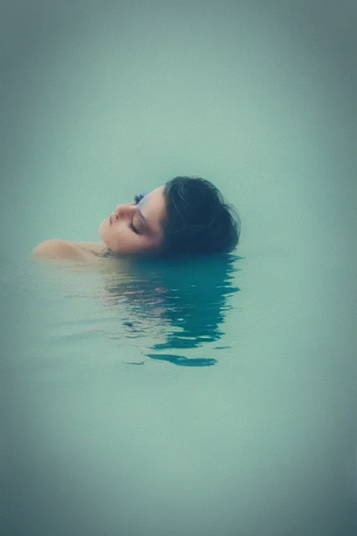 Image similar to a beautiful woman's face in the water, serene emotion, polaroid, kodak color grading, muted colors, hazy, aqua, pastel colors, soft lighting