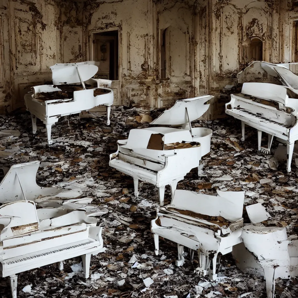 Prompt: White grand piano with damaged keys in an abandoned mansion