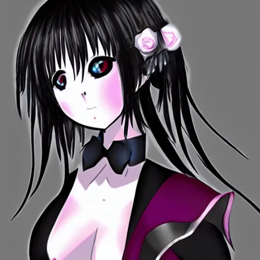 Anime gith femboy with short black hair, purple eyes, wearing a