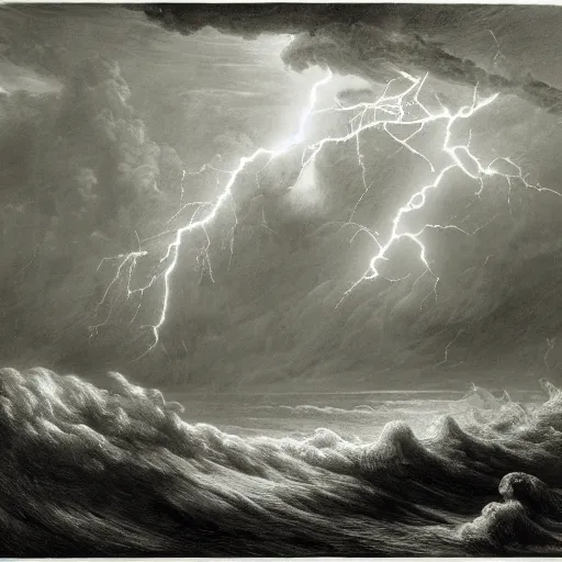 Image similar to drawing of large pepe the frog fighting lightning storm above a stormy ocean, by gustave dore, nineteenth century, black and white, vintage, science fiction, epic composition, dramatic lighting, highly detailed.