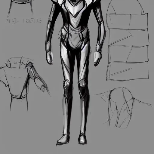 Image similar to concept art, stylized proportions, long thin legs, large shoulders, concept design, sketch, male, science fiction suit, helmet, trending on artstation