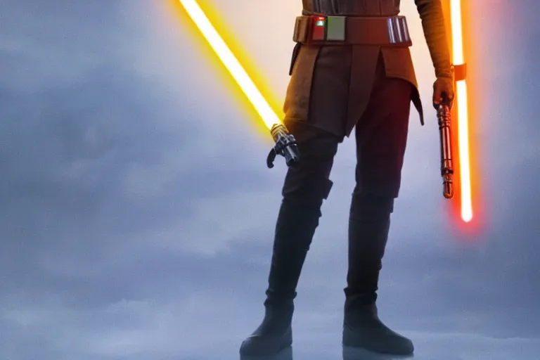 Image similar to Star Wars, full body, Finn played by John Boyega standing alone wearing jedi robes holding a lightsaber in heroic pose, ultra realistic, 4K, movie still, UHD, sharp, detailed, cinematic, render, Wide shot