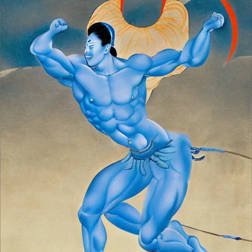 Prompt: muscular genie with blue skin covered in oil in Style of korean traditional folktale painting by Shin Yun-bok; Sin Yun-bok ; 8k resolution