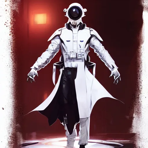 Image similar to full body portrait of a male character in sleek clothes, in a futuristic flowing white tailcoat, wearing a white full-face helmet with five round lenses for eyes, many eyes, dramatic lighting, illustration by Greg rutkowski, yoji shinkawa, 4k, digital art, concept art, trending on artstation