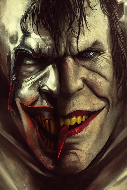 Image similar to Portrait of Ben Affleck as Joker, dc comics, dark, intricate, highly detailed, smooth, artstation, digital illustration by Ruan Jia and Mandy Jurgens and Artgerm and Wayne Barlowe and Greg Rutkowski and Zdislav Beksinski