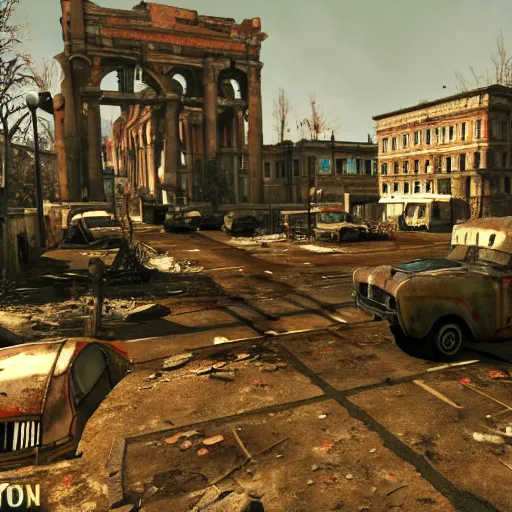 Prompt: Rome in ruins post-nuclear war in Fallout 4, in game screenshot