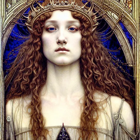 Image similar to detailed realistic beautiful young medieval queen face portrait by jean delville, gustave dore and marco mazzoni, art nouveau, symbolist, visionary, gothic, pre - raphaelite. horizontal symmetry