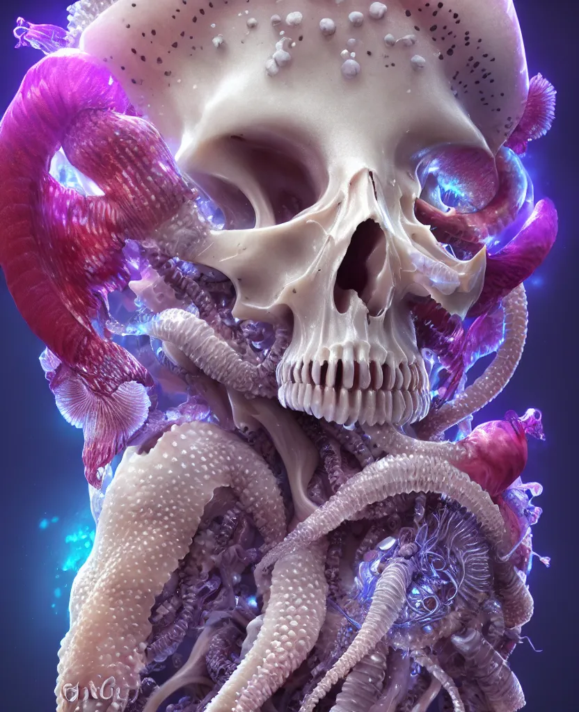 Image similar to goddess close-up portrait animal skull. jellyfish phoenix head, nautilus, orchid, skull, betta fish, bioluminiscent creatures, intricate artwork by Tooth Wu and wlop and beeple. octane render, trending on artstation, greg rutkowski very coherent symmetrical artwork. cinematic, hyper realism, high detail, octane render, 8k