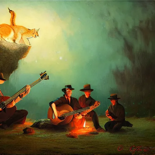 Image similar to three cute caracals wearing red ties with guitar, campfire, night, atmospheric lighting, intricate, volumetric lighting, digital art, highly detailed by gaston bussiere, craig mullins, j. c. leyendecker 8 k