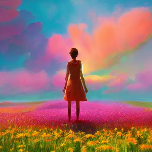 Prompt: standing in giant daisy flower head, full body girl standing in a flower field, surreal photography, sunrise, dramatic light, impressionist painting, colorful clouds, digital painting, artstation, simon stalenhag