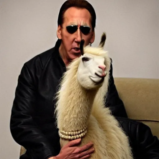 Prompt: nicholas cage is a llama, haha look at silly llama nicholas cage