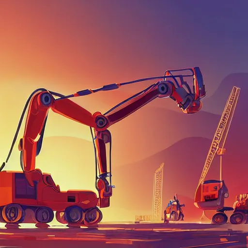 Image similar to construction site with living happy robotic construction vehicles game smooth median photoshop filter cutout vector, behance hd by jesper ejsing, by rhads, makoto shinkai and lois van baarle, ilya kuvshinov, rossdraws global illumination