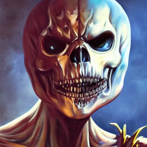 Image similar to ultra realistic portrait painting of skeletor as spiderman, art by frank frazetta, 4 k, ultra realistic, highly detailed, epic lighting