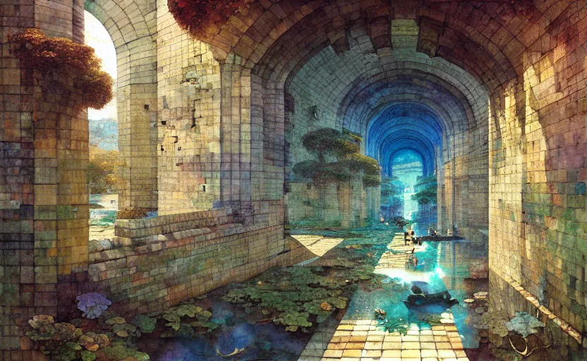 Image similar to tiled room squared waterway, aqueducts, fantasy. intricate, amazing composition, colorful watercolor, by ruan jia, by maxfield parrish, by marc simonetti, by hikari shimoda, by robert hubert, by zhang kechun, illustration, gloomy