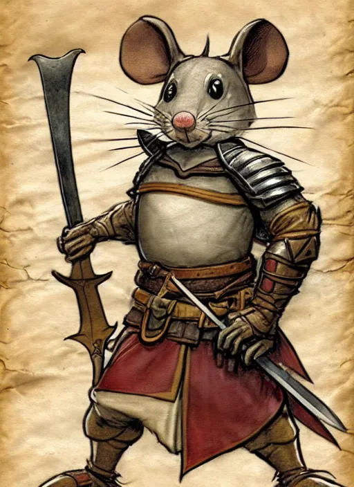 Image similar to a heroic mouse knight with sword and shield on a parchment background, redwall, greg rutowski and jean baptiste monge, detailed, epic fantasy concept art