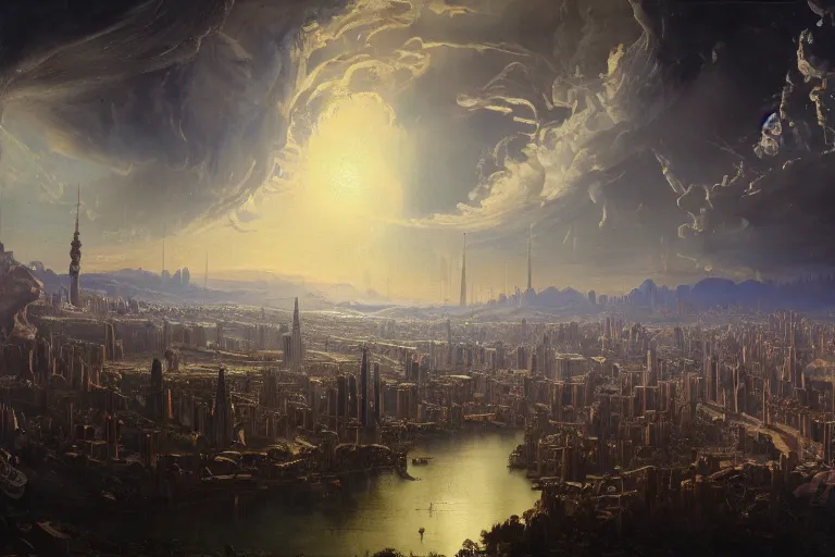 Image similar to a vast planetary sci-fi city by Ansel Adams and Bernardo Bellotto, oil on canvas, artstation, dramatic scenery, masterpiece, aesthetic