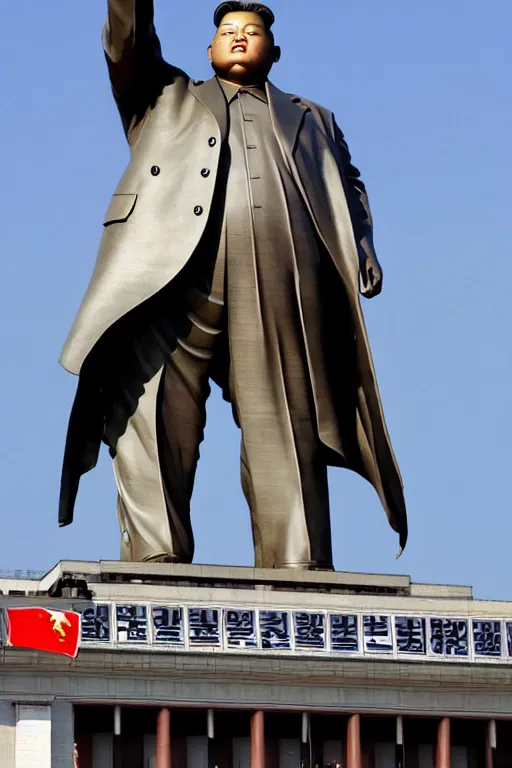 Image similar to a gigantic statue of kim jong un standing instead of state of liberty, excited americans, symmetry, awesome exposition, very detailed, highly accurate, 8 k