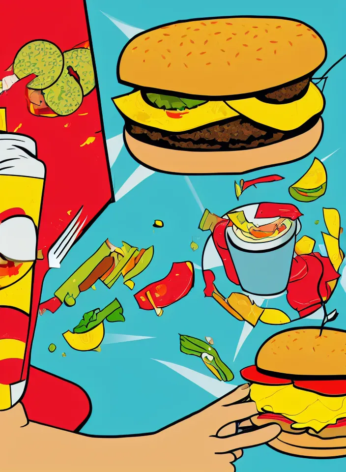 Image similar to pop art illustration of a cheeseburger, adobe illustrator