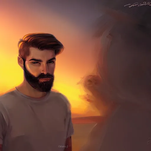 Prompt: young man with a trimmed beard, beautiful sunset, high definition, concept art, digital painting, art by Bowater and Charlie