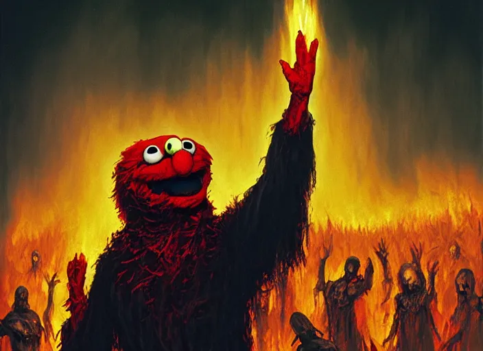 Prompt: extremely scary horror portrait of elmo with his hands raised in praise in front of massive endless apocalyptic flames, epic fantasy art by michael whelan