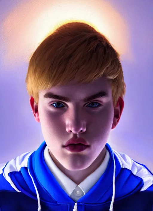 Image similar to portrait of high school senior boy named big moose, blonde short hair, jock, beefy, wide face, square jaw, square facial structure, blue varsity jacket with letter r, intricate, elegant, glowing lights, highly detailed, digital painting, artstation, concept art, sharp focus, illustration, art by wlop, mars ravelo and greg rutkowski