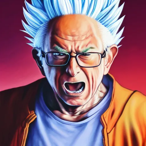 Image similar to ultra realistic portrait painting of bernie sanders as super saiyan goku, art by akira toriyama, 4 k, dragon ball artstyle, cel shaded, highly detailed, epic lighting