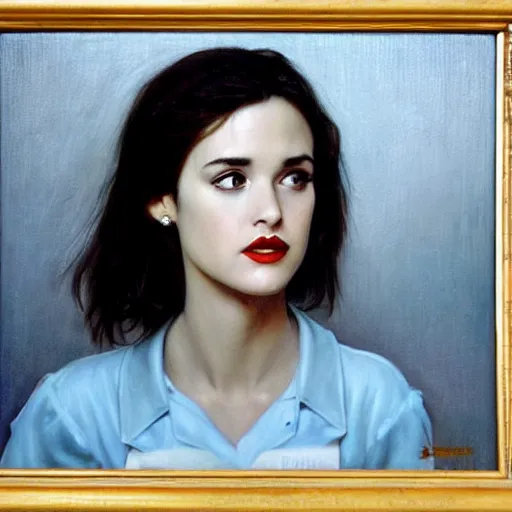 Prompt: young Winona Ryder at a diner, head and shoulders portrait, extremely detailed masterpiece, Roger Deakin’s cinematography, oil on canvas, Norman Rockwell.