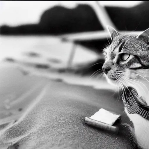 Image similar to a cat lighting a cigar on a beach in 1980, 30mm film