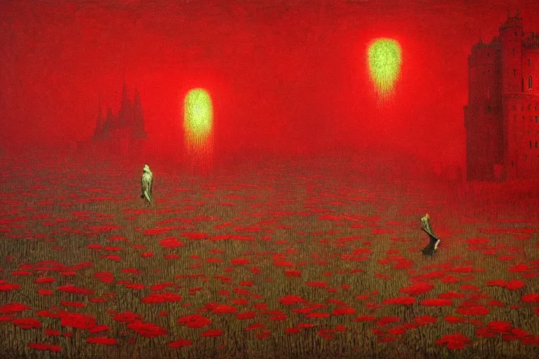 Image similar to only with red, red flowers of different types, a red tiger, a castle in the background, medieval demons dance over the flowers, an ancient path, in the style of beksinski, part by hopper, part by rodcenko, part by hofbauer, intricate composition, red by caravaggio, insanely quality, highly detailed, masterpiece, red light, artstation