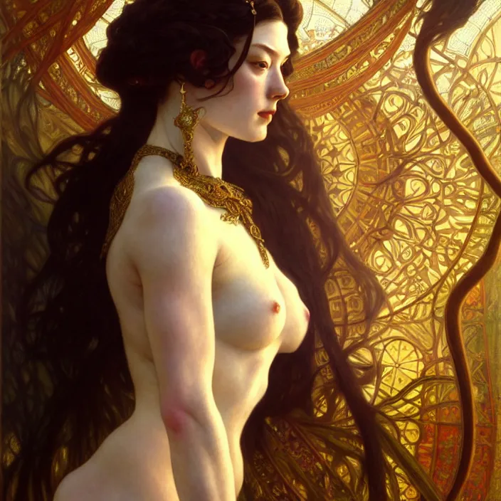 Image similar to ancient queen stoya, symetrical, diffuse lighting, fantasy, intricate, elegant, highly detailed, lifelike, photorealistic, digital painting, artstation, illustration, concept art, 4 k, smooth, sharp focus, art by john collier and albert aublet and krenz cushart and artem demura and alphonse mucha