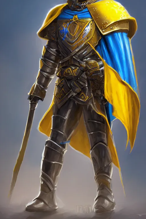 Prompt: a knight with blue tabard and a yellow cape and steel pauldrons and short blonde hair and a short blonde beard, realistic, detailed, trending on ArtStation, by Tony Sart