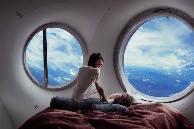 Image similar to sci-fi scene of space tourists in glamourous spaceship bedroom looking out large circular window at earth orbit By Emmanuel Lubezki