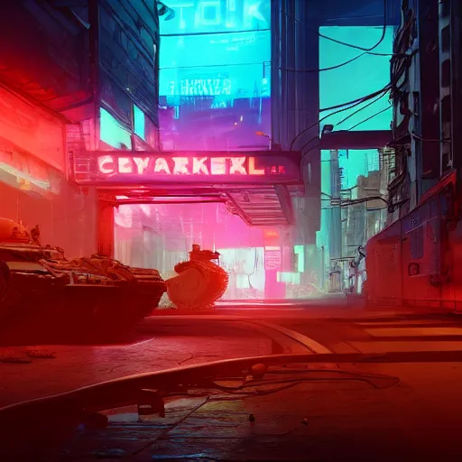 Image similar to high quality photo of a tank in a cyberpunk cyberpunk cyberpunk city, neon lights, realism, 8k, award winning photo, no water