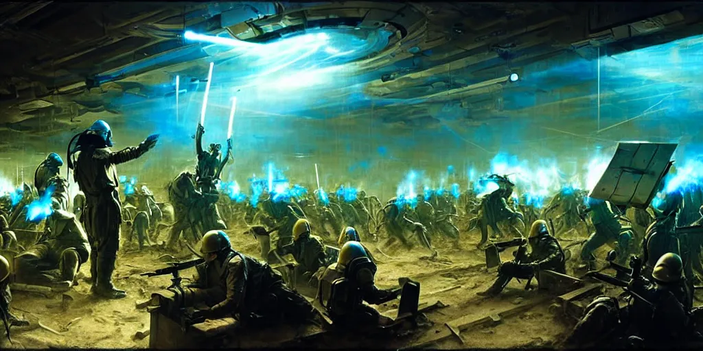 Prompt: detailed battle scene of sci - fi prompt engineers with neural interfaces fighting versus cyber artists with tablets still from biblical movie by denis villeneuve and mort kunstler and norman rockwell. volumetric dramatic cyan gold light