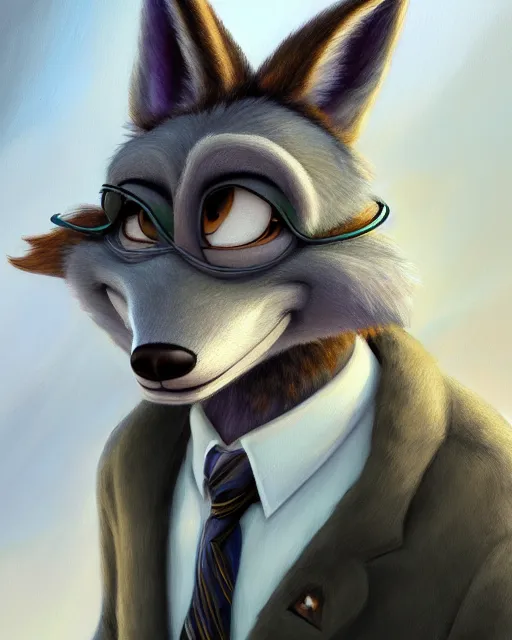 Image similar to beautiful oil painting of anthromorphic female wolf, in style of zootopia, zootopia, zootopia, fursona, furry, furaffinity, 4 k, deviantart, furry art, fursona art, wearing black business suit, business suit, in style of zootopia, wolf fursona, cyberpunk, female, expressive detailed feminine face,