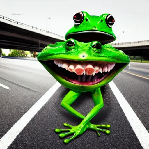 Image similar to anthropomorphic frog protesting on a freeway