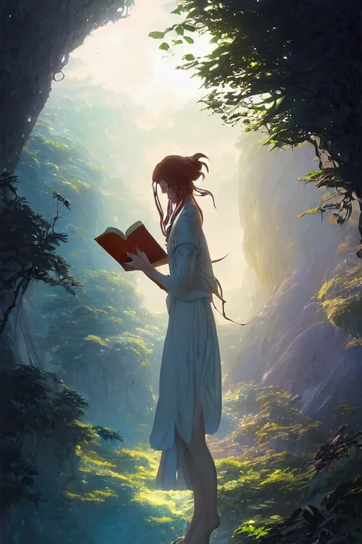 Image similar to highly detailed portrait of beautiful girl reading a book in avatar, dynamic pose, stephen bliss, unreal engine, fantasy art by greg rutkowski, loish, rhads, ferdinand knab, makoto shinkai and lois van baarle, ilya kuvshinov, rossdraws, tom bagshaw, global illumination, radiant light, detailed and intricate environment