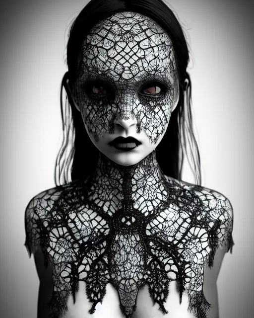 Image similar to surreal mythical dreamy dark artistic black and white fine art photo of a beautiful young female vampire - medus - cyborg covered with lace fish scales and translucent algae, highly detailed, intricate crystal ivy jelly fish scales ornate, lace web, poetic, octane render, 8 k, photo - realistic