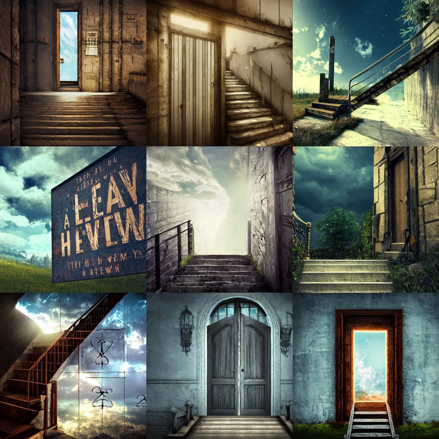 Image similar to a staircase leading to heaven, a sign hangs on the door to heaven where it says heaven will wait, around the sky, 4K resolution, digital art, Cinematic, 35mm, CryEngine