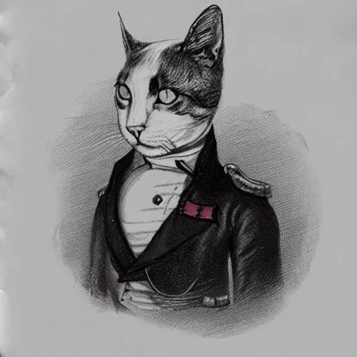 Image similar to a hatched sketch of a cat wearing napoleon's clothing