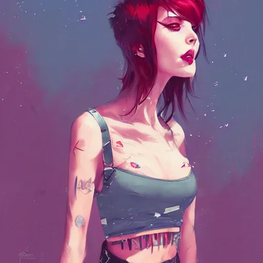 Image similar to a beautiful punkrock woman in crop top, by guweiz