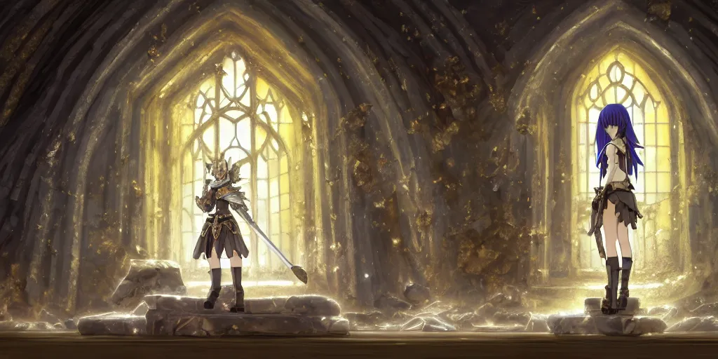 Prompt: baroque acrylic palette knife, key visual concept art, rustic grand stone chapel with anime female knight standing in the doorway wearing silver armor gold trim, brutalist fantasy, rule of thirds golden ratio, fake detail, trending pixiv fanbox, style of makoto shinkai ghibli takashi takeuchi yoshiyuki sadamoto jamie wyeth james gilleard greg rutkowski chiho aoshima