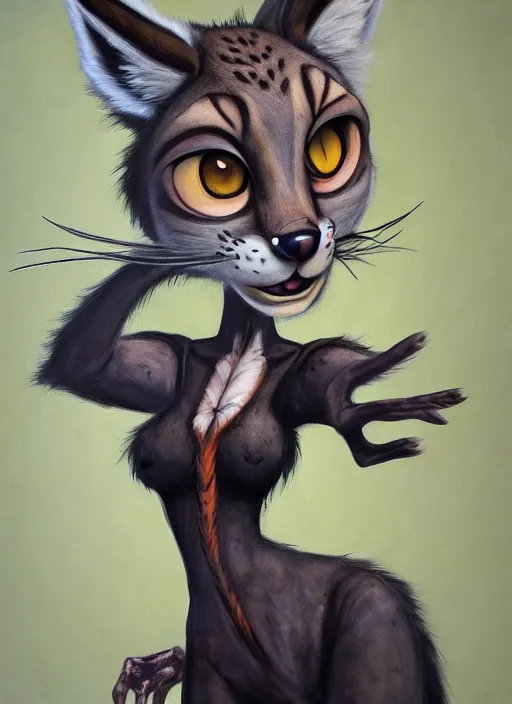 Image similar to oil painting of anthromorphic female lynx damaged zombie, in style of zootopia, female fursona, furry, furaffinity, 4 k, deviantart, furry art, fursona art, wearing black business suit, business suit, lynx fursona, female, very expressive detailed feminine face,