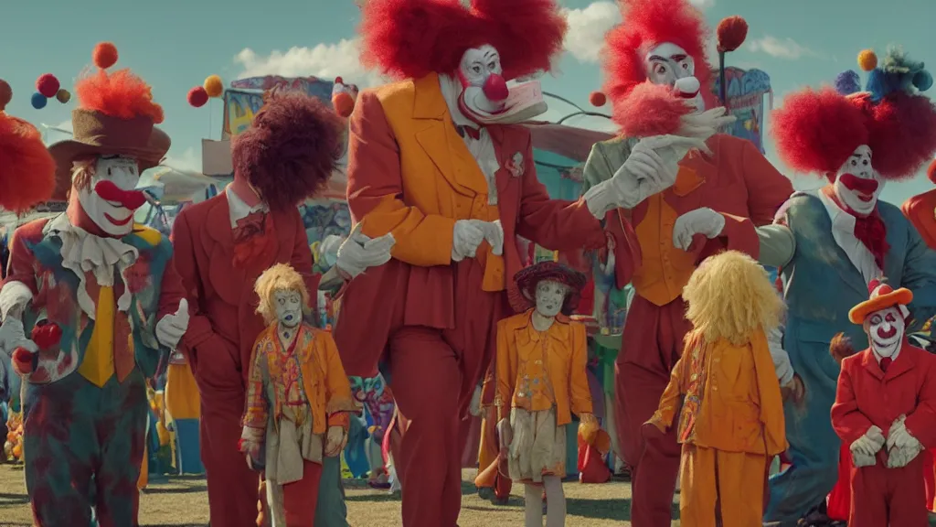 Image similar to the giant clowns at the fair, film still from the movie directed by denis villeneuve and david cronenberg with art direction by salvador dali and dr. seuss