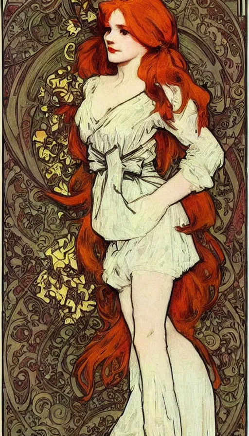 Image similar to beautiful redhead with a bow around her waist, ornate, mucha