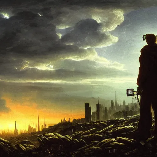 Image similar to wanderer with night vision goggles, dramatic light, sunset, sunrays, cyberpunk city in the background, ruins, buildings, dystoptian, gorgeous view, depth, painted by Caspar David Friedrich, clouds, tending on artstation